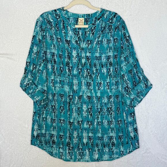 Faded Glory Blue Green Lightweight 3/4 Tab Sleeve Pullover Womens Plus 2X Blouse - Picture 1 of 16